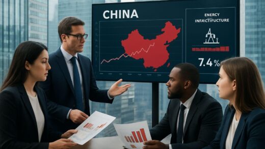 Wall Street analysts discussing Chinese economic charts and energy infrastructure, modern financial district background with data screens showing China's economic indicators