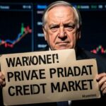 Warren Buffett holding a warning sign about private credit market, serious expression, financial charts in background, dramatic lighting