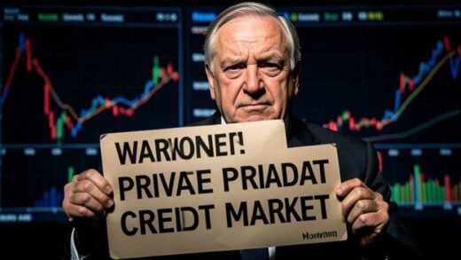 Warren Buffett holding a warning sign about private credit market, serious expression, financial charts in background, dramatic lighting