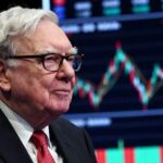 Warren Buffett looking thoughtfully at a stock market chart during a market crash, with a calm expression, in a realistic style with dramatic lighting.